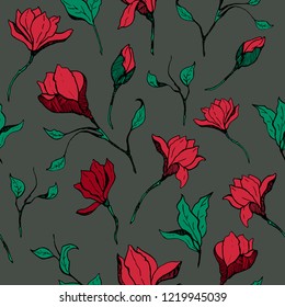 Magnolia flower skecth with ink hand drawn seamless pattern