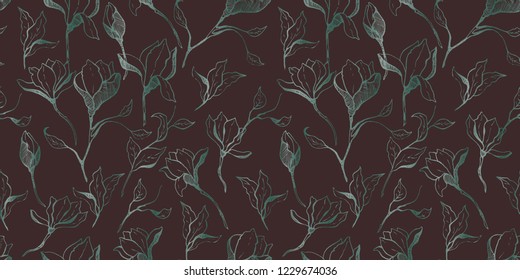 Magnolia flower skecth with ink. Hand drawn pattern illustration