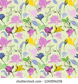 Magnolia flower skecth with ink hand drawn seamless pattern