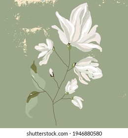 Magnolia flower tree branch hand drawn illustration on green rustic gold foil texture background. Springtime, spring greeting card or invitation, wedding, wall print, etc