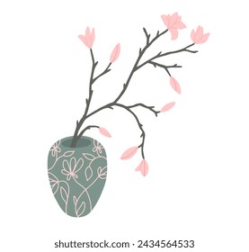 Magnolia flower vector illustration. Branch of blooming magnolia in vintage ceramic Chinese vase floral pattern. Blossom bunch of pink flowers. Trendy design interior decor. Art of arranging blooms