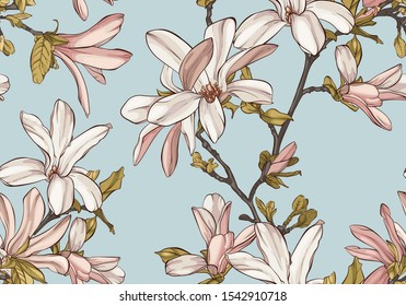 Magnolia flower vector illustration. Seamless pattern with  beautiful spring magnolia flowers on beige background. 