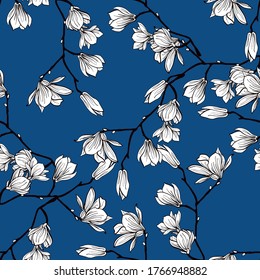 Magnolia flower vector illustration. Seamless pattern with white flowers on a BLUE background. - Vector.