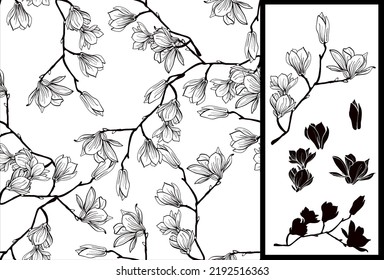 Magnolia flower vector illustration. Seamless pattern with white flowers on a white background. - Vector.