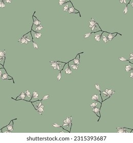 Magnolia flower vector illustration. Seamless pattern with white flowers on a green background. - Vector.