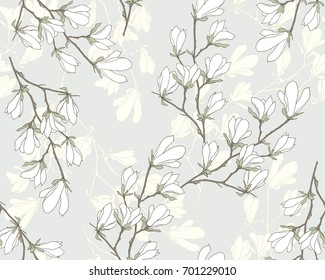 Magnolia flower vector illustration. Seamless pattern with white flowers on a gray background.