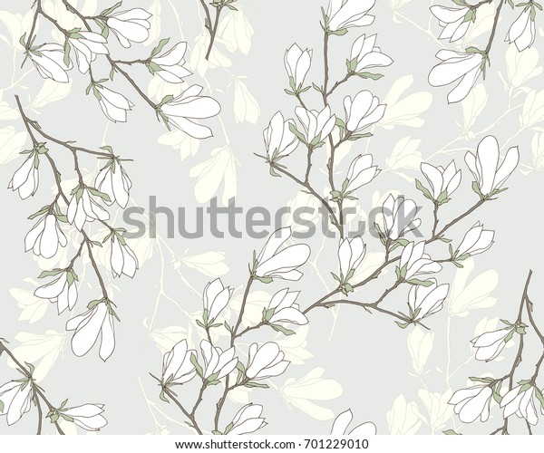マグノリアの花のベクターイラスト グレイの背景にシームレスなパターンと白い花 のベクター画像素材 ロイヤリティフリー