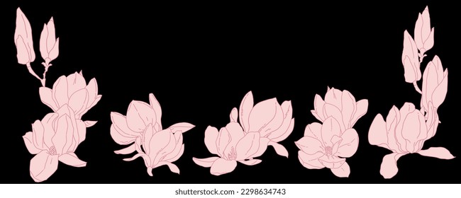 Flores de magnolia en la plantilla de borde de marco de flor. Hand dibujó ilustraciones vectoriales detalladas y realistas. Línea rosada y rellena sobre el clipart de fondo negro aislado.