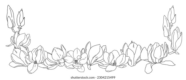 Magnolia flowers in bloom frame border template. Hand drawn realistic detailed vector illustration. Black and white outline clipart isolated.