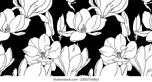 Flores de magnolia en flor sin fisuras. Hand dibujó ilustraciones vectoriales detalladas y realistas. Blanco sobre fondo horizontal negro.