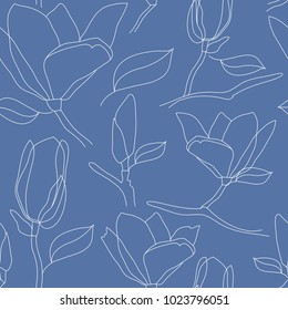 Magnolia flowers blossom seamless pattern. Hand drawn. Elegant vector design for floral texture print, wallpaper, wrapping paper, scrapbooking, liberty textile print, greeting cards background.