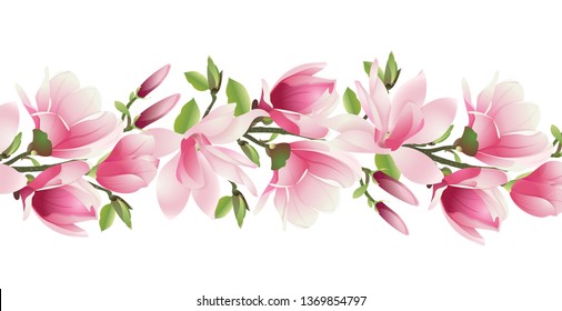 Magnolia Flowers. A branch of magnolia with pink flowers and leaves on a white background. Spring flowers in vector. Vector illustration.