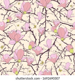 Magnolia flowers with butterfly on a seamless pattern