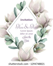 Magnolia flowers with glitter frame Vector watercolor. Shiny glittering floral composition. Wedding card or invitations