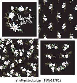 Magnolia flowers on a branch isolated on a black background. Illustration of Magnolia set.