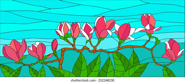 Magnolia flowers on a branch, stained glass window