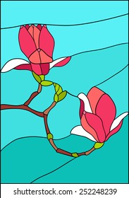 Magnolia flowers on a branch, stained glass window