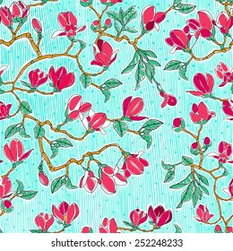 Magnolia flowers on a branch, textiles