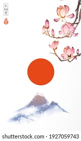 Magnolia flowers in oriental style, big red sun and distant blue mountains. Traditional oriental ink painting sumi-e, u-sin, go-hua. Translation of hieroglyphs - peace, tranquility, clarity