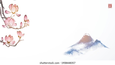 Magnolia flowers in oriental style and distant blue mountains. Traditional oriental ink painting sumi-e, u-sin, go-hua. Translation of hieroglyph - beauty.