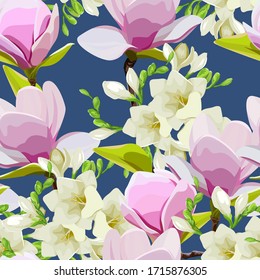 Magnolia flowers pattern. Freesia. Vector flowers. Pattern for printing on fabric. Summer print. Pink spring flowers