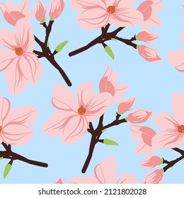 Magnolia flowers pattern. Seamless floral background. Repeating botanical print with blooms for wallpaper and wrapping. Delicate flora texture. Colored flat vector illustration