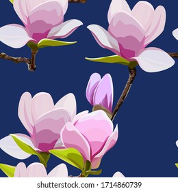 Magnolia Blumen Muster. Vektorillustration blüht. Muster für den Druck auf Stoff. Sommerdruck. Rosa Frühlingsblumen