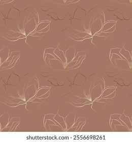 Magnolia flowers pattern,contour flowers gold gradient on mocha mousse trend color background.