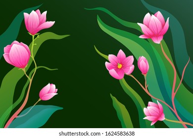 Magnolia flowers ready composition background for packaging or card, invitation hand drawn design. Realistic roses or magnolia flowers arrangement on dark backdrop. 