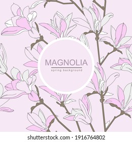 Flores de magnolia. El fondo es impecable, con flores primaverales. Ilustración vectorial. Plantilla para una postal o afiche. Impresiones florales.