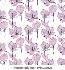Magnolia Flowers Seamless Pattern. Black and white line illustration of magnolia flowers on white background. Botanical vector sketch line floral art.