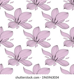 Magnolia Flowers Seamless Pattern. Black and white line illustration of magnolia flowers on white background. Botanical vector sketch line floral art.