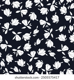 Magnolia Flowers Seamless Pattern. Line Art Floral Minimalistic Print. Abstract Flowers Hand Drawn Botanical Pattern for Textile Design, Surface, Prints. Vector EPS 10	