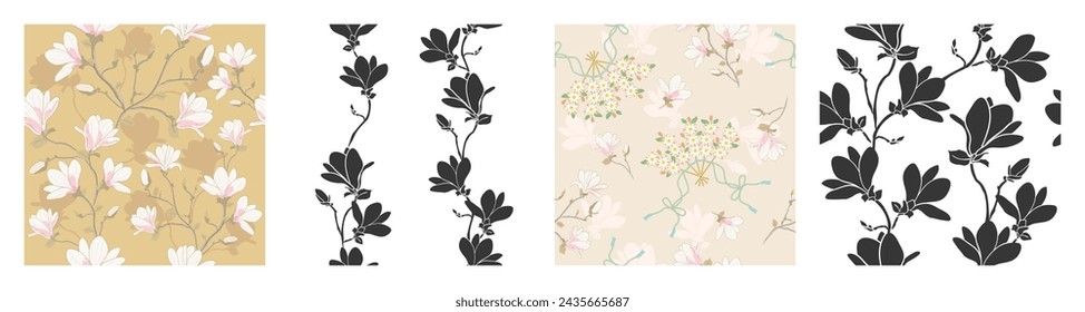 Magnolia flowers seamless pattern, Vector background illustration set.	