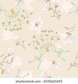Magnolia flowers seamless pattern, Vector background illustration.