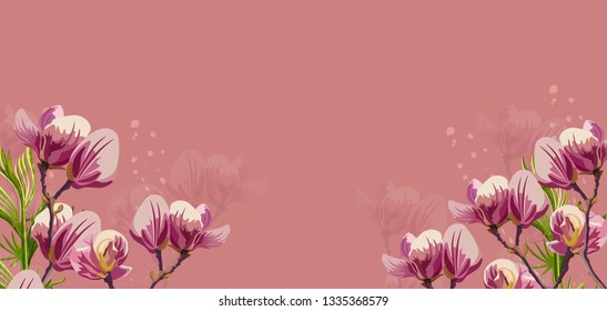 Magnolia flowers Vector on pink background. Beautiful card templates
