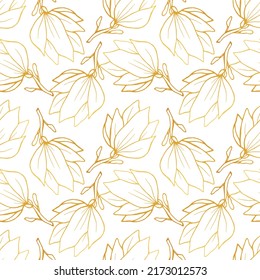 Magnolia golden flowers seamless pattern. Hand drawn vector illustration for background, textile, wrapping paper.