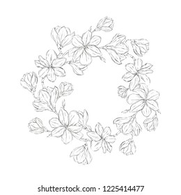 magnolia hand draw vector wreath for wedding, poster, pattern, polygraphy and prints