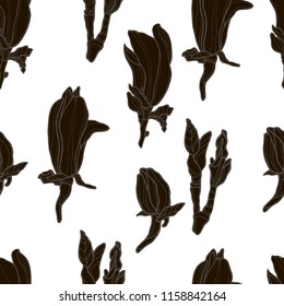 Magnolia hand drawn vector illustration.  Seamless floral pattern with Magnolia. Vector illustration.Seamless pattern, hand drawn outline black and grey ink flowers on white background.