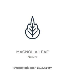 Magnolia leaf icon. Thin linear magnolia leaf outline icon isolated on white background from nature collection. Line vector sign, symbol for web and mobile
