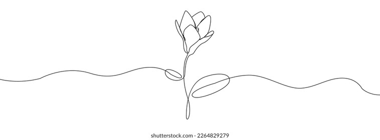 Magnolia with leaves one line drawing.Continuous line drawing of flower.Hand drawn magnolia.Single one line flower magnolia.Flower outline sketch.
