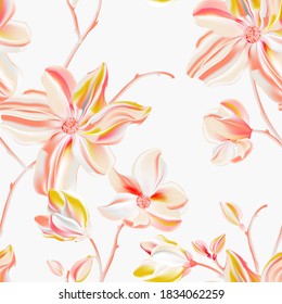 Magnolia light peach background, vector seamless flower print, floral plant arrangements. Tender orange yellow  garden bloom  summer 2021 print, textile cloth wallpaper