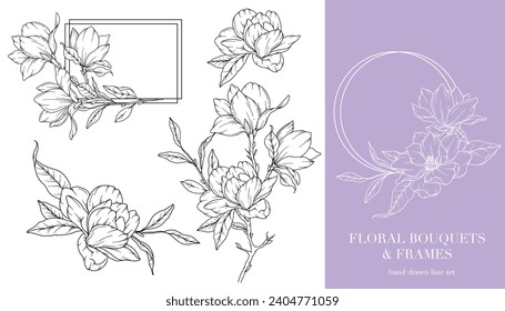 Magnolia Line Drawing. Floral Line art. Flower Coloring Page. Coloring Book Page with Magnolia Flower Hand Drawn Illustration. Botanical Coloring Page. Line Art flowers