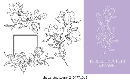 Magnolia Line Drawing. Floral Line art. Flower Coloring Page. Coloring Book Page with Magnolia Flower Hand Drawn Illustration. Botanical Coloring Page. Line Art flowers