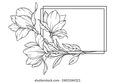 Magnolia Line Drawing. Floral frame Line art. Flower Coloring Page. Wedding invite frame Hand Drawn Illustration. Botanical Coloring Page. Line Art flowers