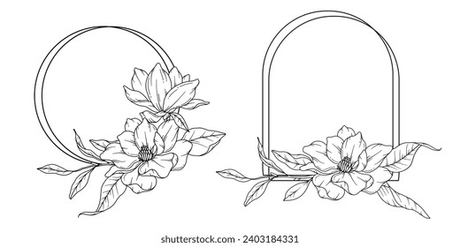 Magnolia Line Drawing. Floral frame Line art. Flower Coloring Page. Wedding invite frame Hand Drawn Illustration. Botanical Coloring Page. Line Art flowers