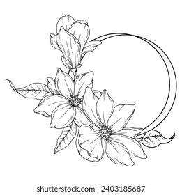 Magnolia Line Drawing. Floral frame Line art. Flower Coloring Page. Wedding invite frame Hand Drawn Illustration. Botanical Coloring Page. Line Art flowers
