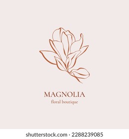 Magnolia logo. Modern flower illustration. Vector floral logo template. Elegant botanical logo design for photographer, floral boutique, beauty industry. Aesthetic feminine logo.