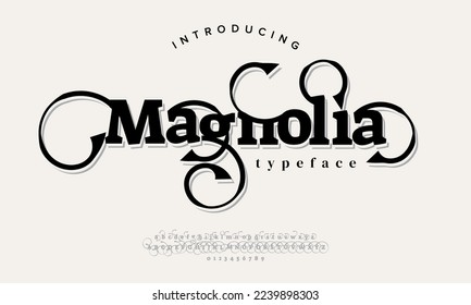 Magnolia luxury elegant alphabet letters and numbers. Elegant wedding typography classic serif font decorative vintage retro.