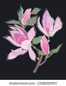 Magnolia on a black background. Branch with pink flowers. Stylish postcard and decorative element